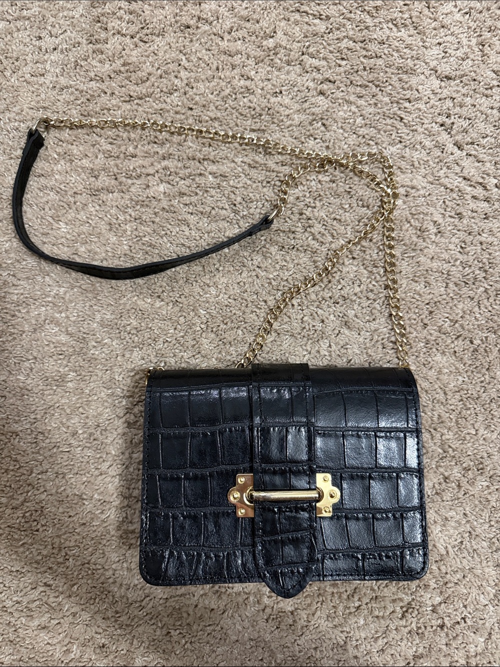 Black Croc-Embossed Chain Crossbody Bag with Gold Hardware